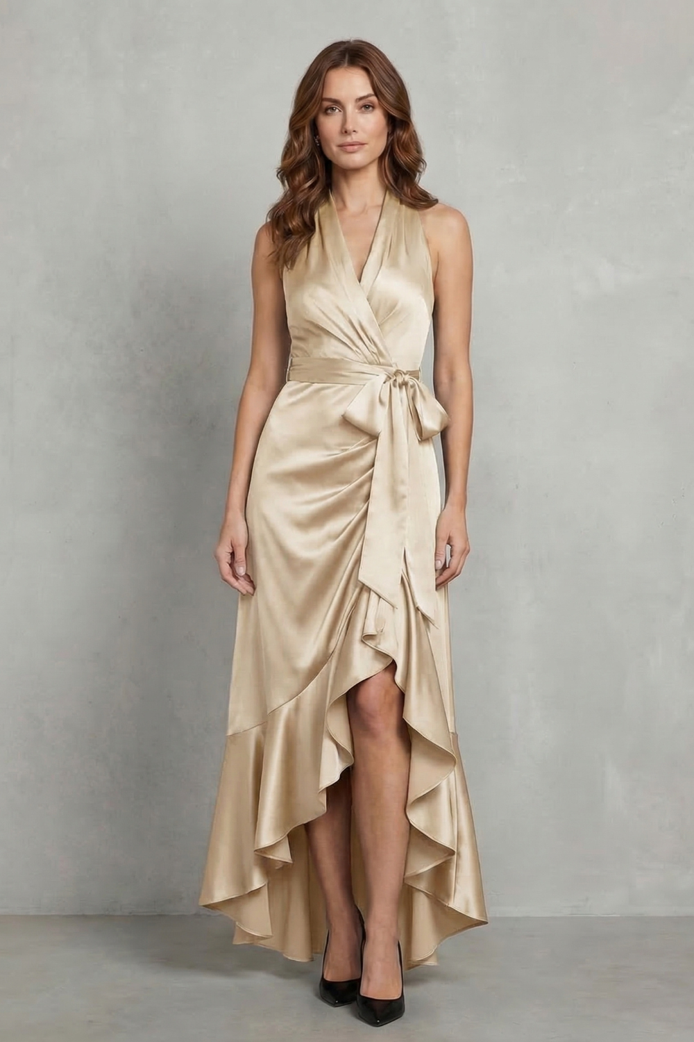Satin Draped Silhouette Evening Maxi Dress