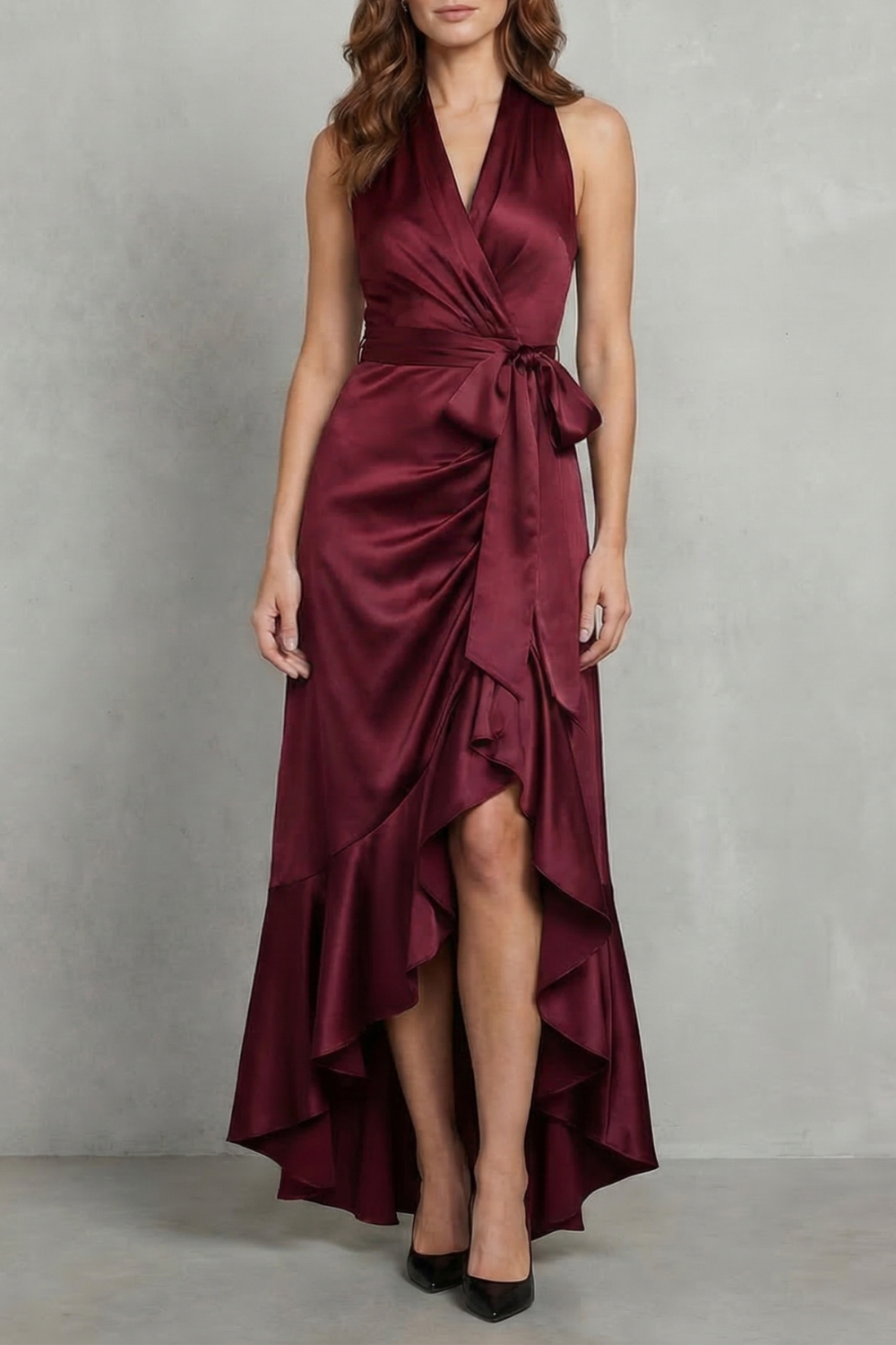 Satin Draped Silhouette Evening Maxi Dress