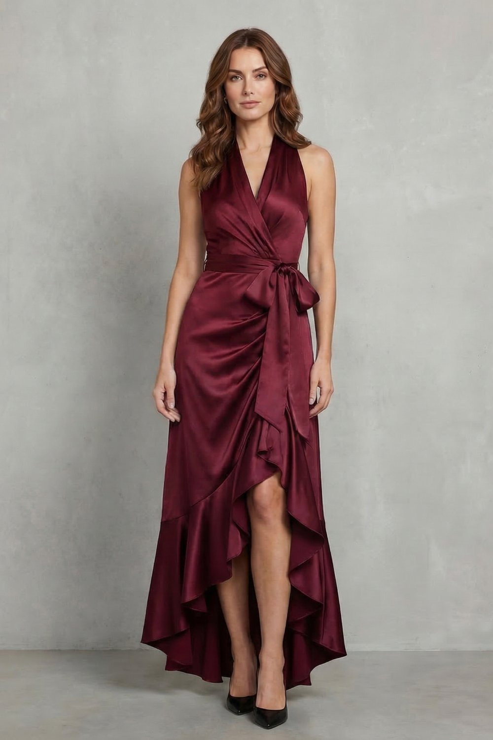 Satin Draped Silhouette Evening Maxi Dress