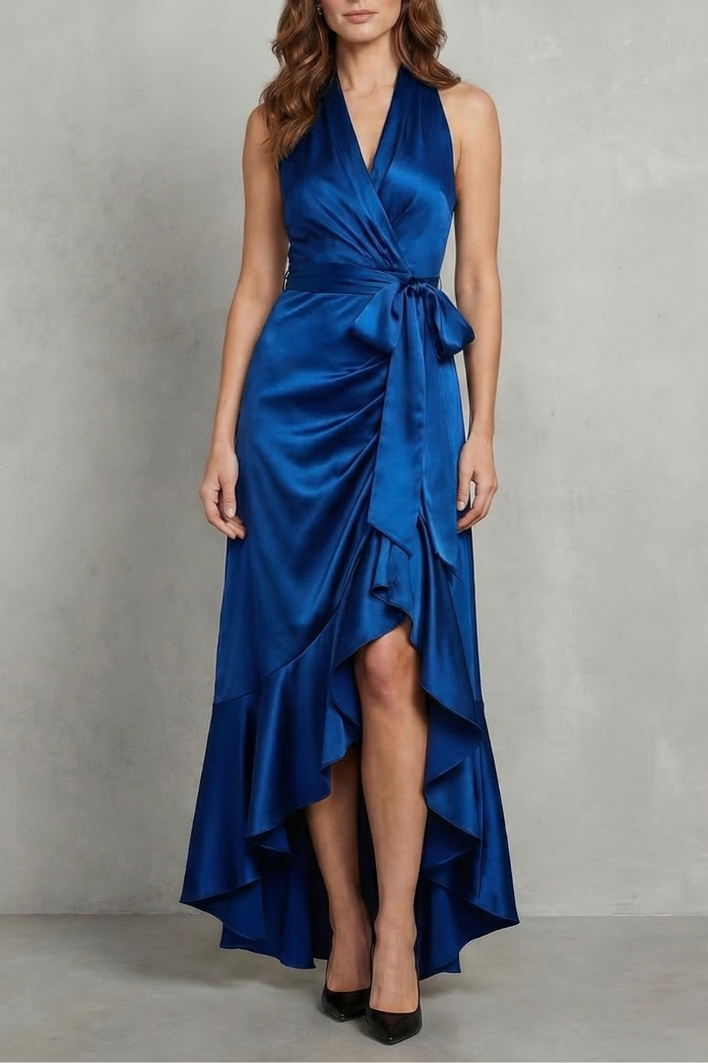 Satin Draped Silhouette Evening Maxi Dress