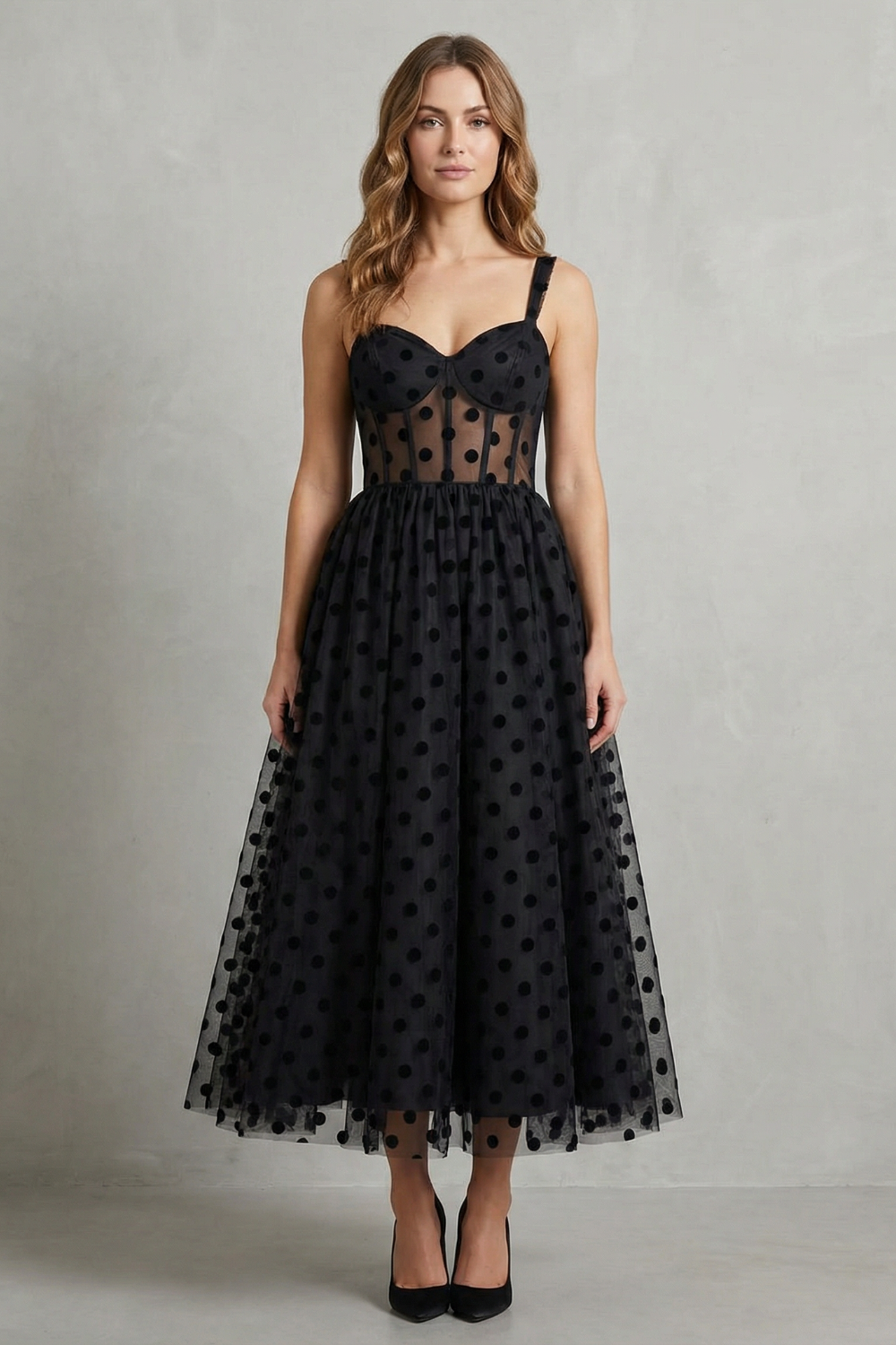 Polka Dot Mesh Elegance Midi Dress