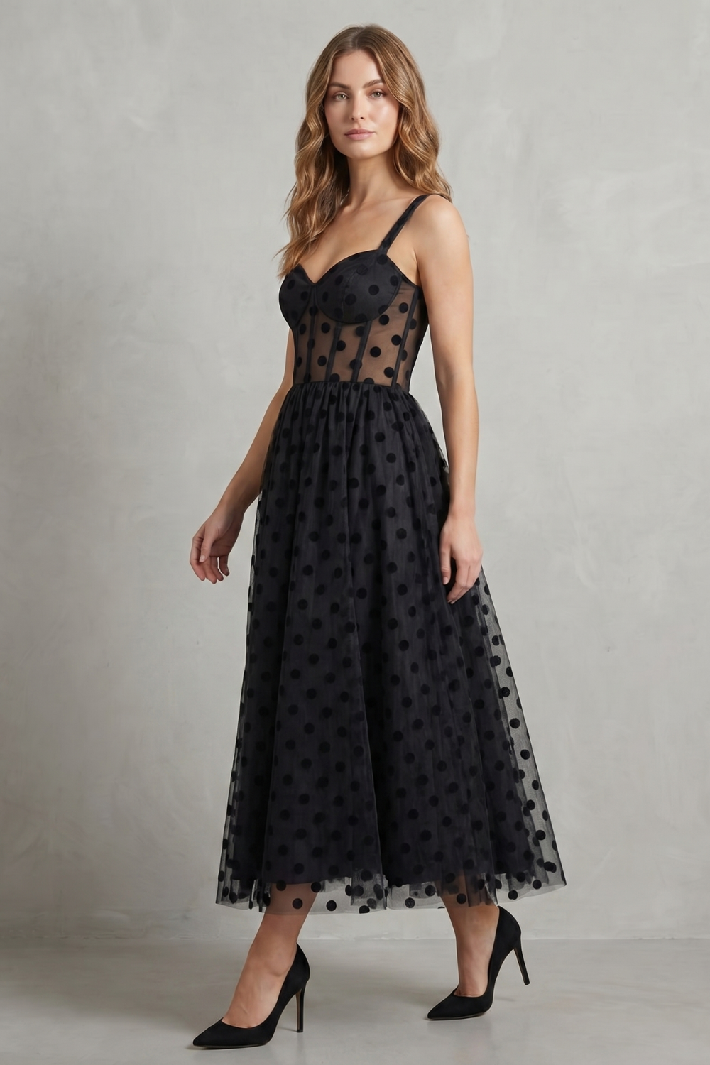 Polka Dot Mesh Elegance Midi Dress
