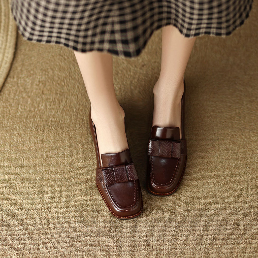 Velmora Bow Leather Loafer Pumps