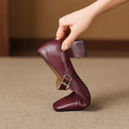Caelia Square-Toe Leather Mary-Jane Heels