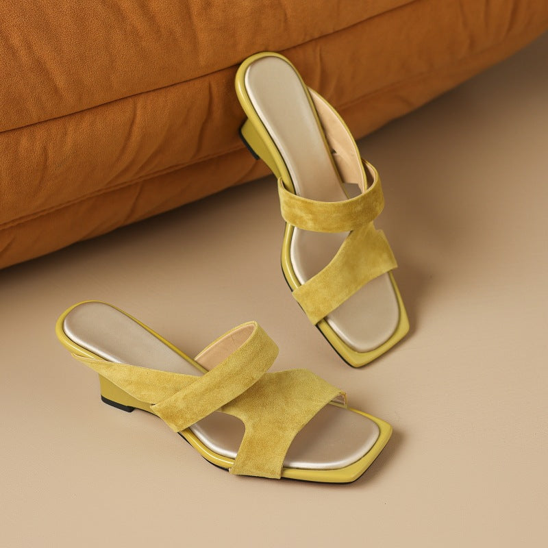 Erin Square-Toe Leather Sandal Heels