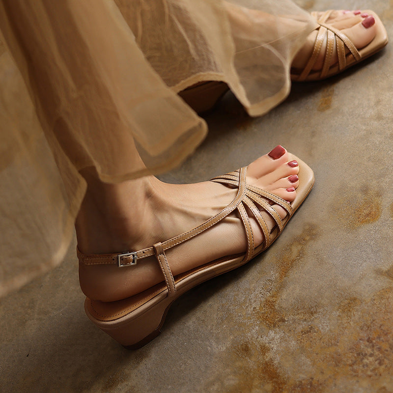 Seren Square-Toe Leather Sandal Heels