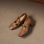 Caelia Square-Toe Leather Mary-Jane Heels