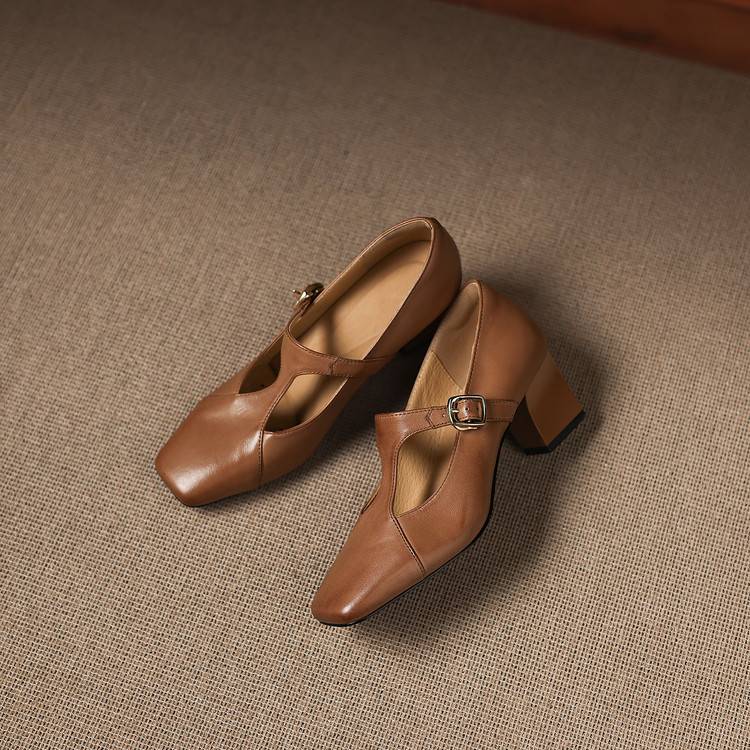 Caelia Square-Toe Leather Mary-Jane Heels