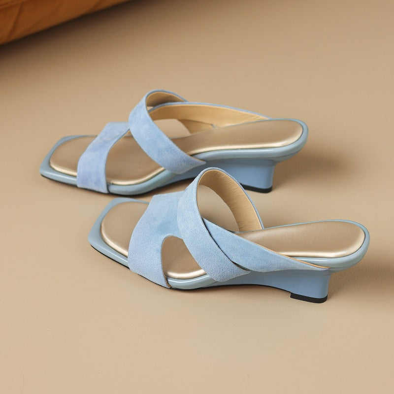 Erin Square-Toe Leather Sandal Heels
