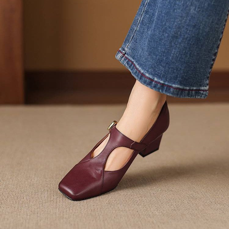 Caelia Square-Toe Leather Mary-Jane Heels