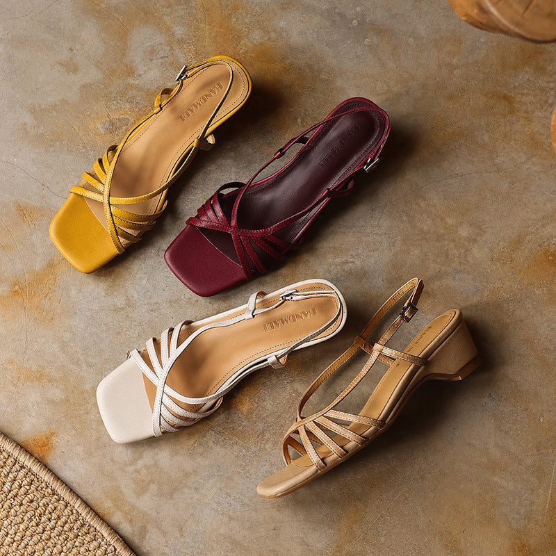Seren Square-Toe Leather Sandal Heels