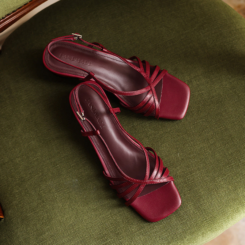 Seren Square-Toe Leather Sandal Heels