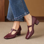 Caelia Square-Toe Leather Mary-Jane Heels