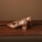 Caelia Square-Toe Leather Mary-Jane Heels