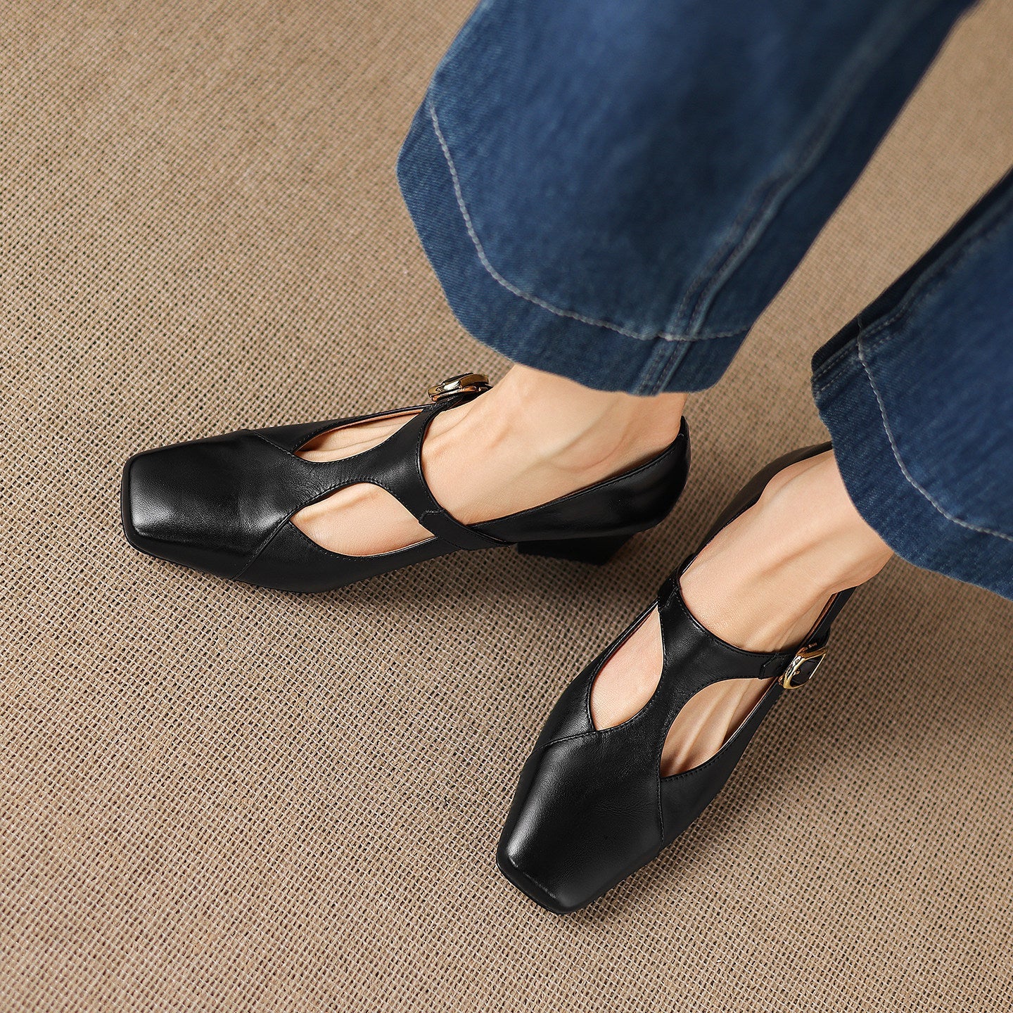 Caelia Square-Toe Leather Mary-Jane Heels