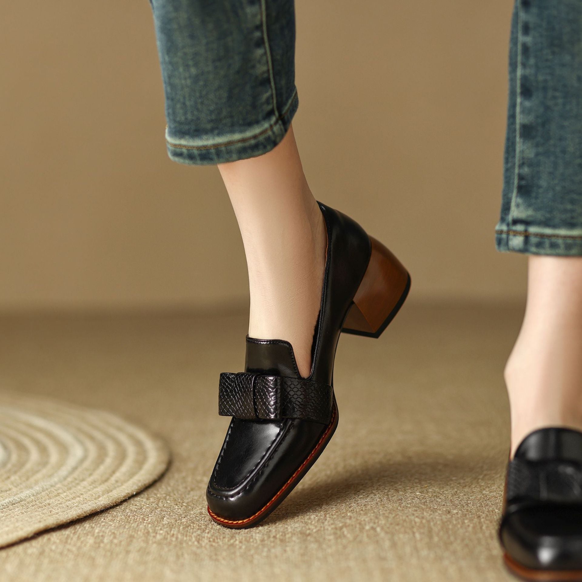Velmora Bow Leather Loafer Pumps