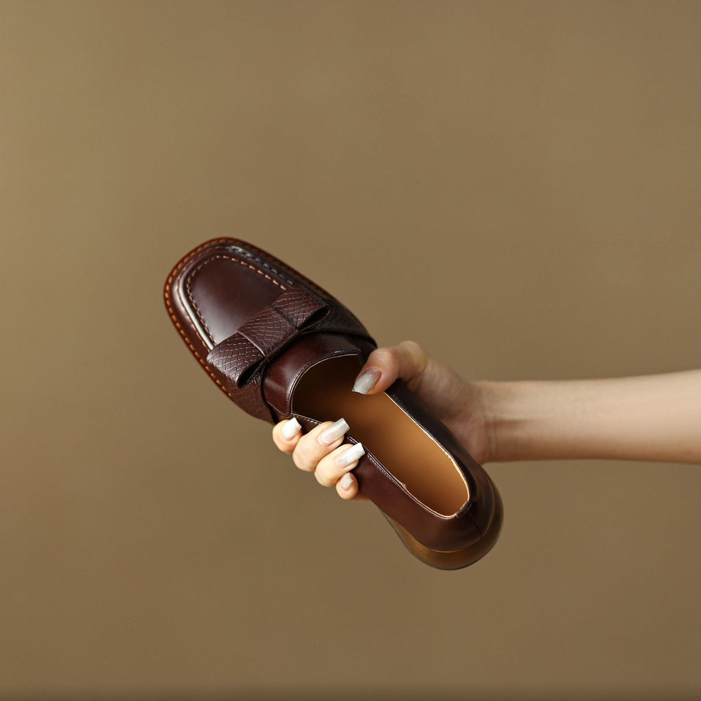 Velmora Bow Leather Loafer Pumps
