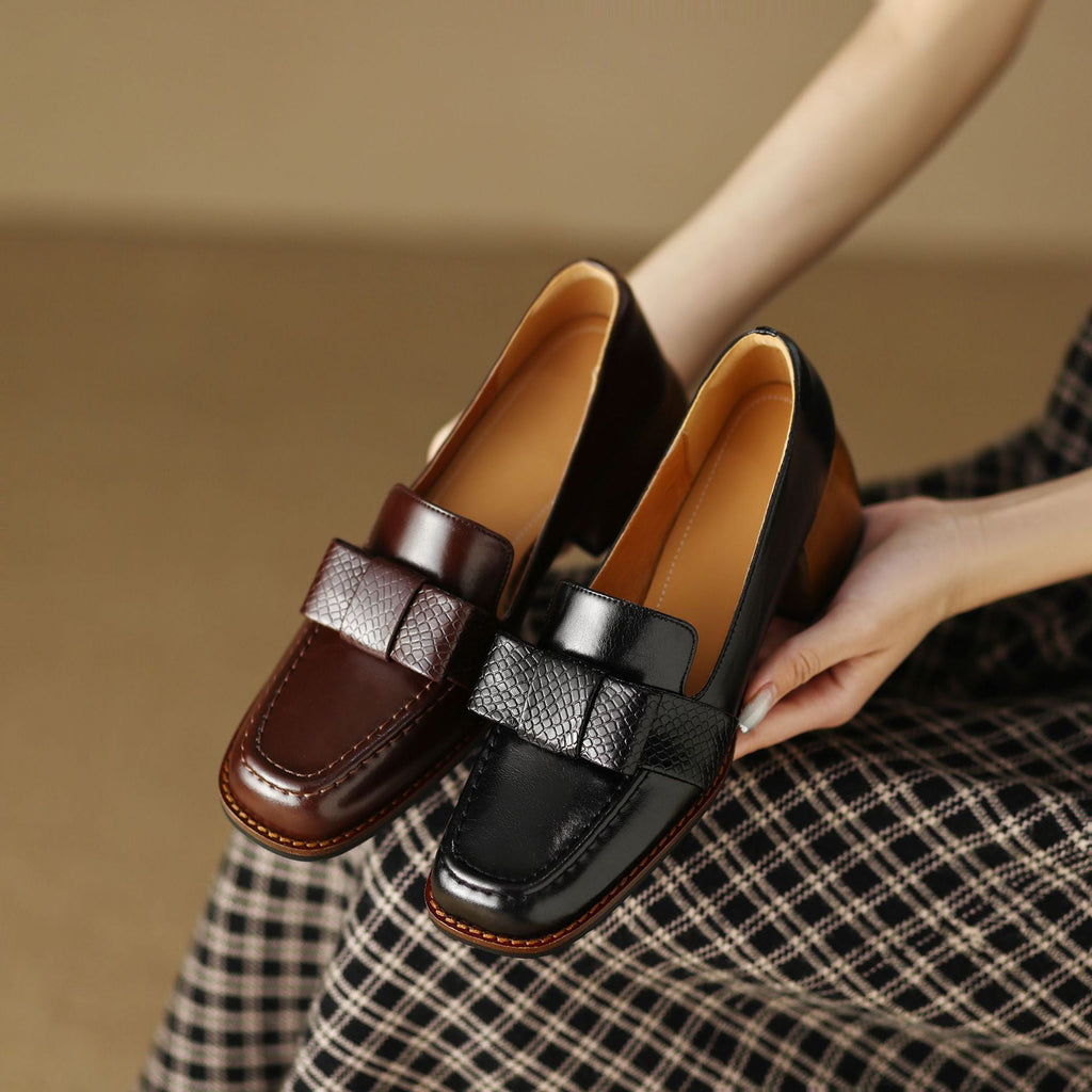 Velmora Bow Leather Loafer Pumps