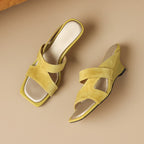 Erin Square-Toe Leather Sandal Heels