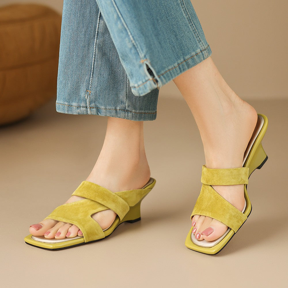 Erin Square-Toe Leather Sandal Heels