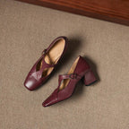 Caelia Square-Toe Leather Mary-Jane Heels