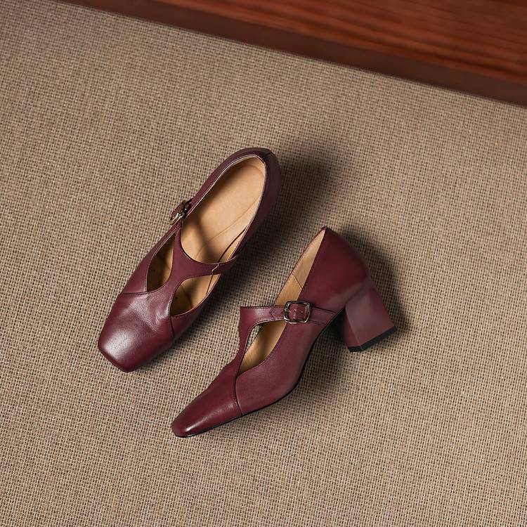 Caelia Square-Toe Leather Mary-Jane Heels