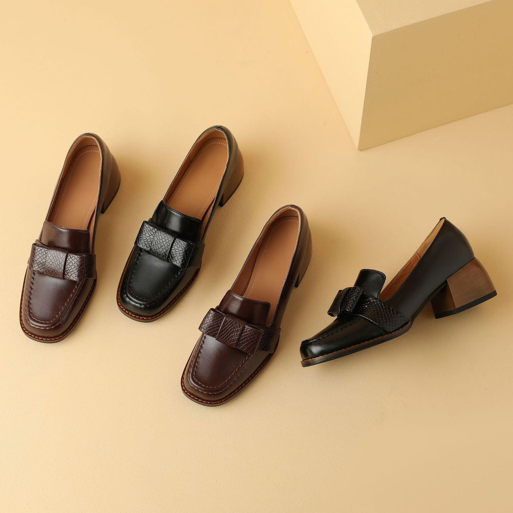 Velmora Bow Leather Loafer Pumps