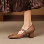 Caelia Square-Toe Leather Mary-Jane Heels