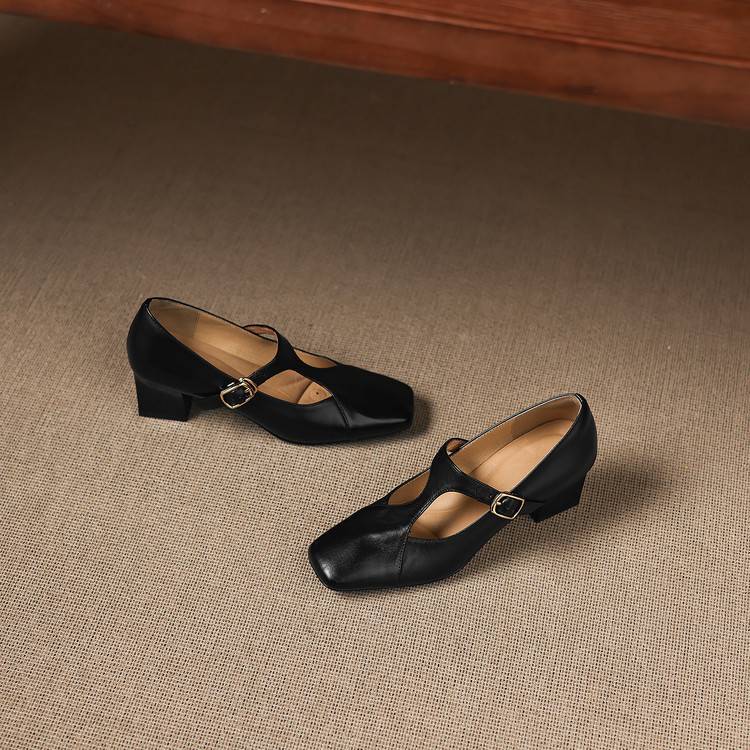 Caelia Square-Toe Leather Mary-Jane Heels