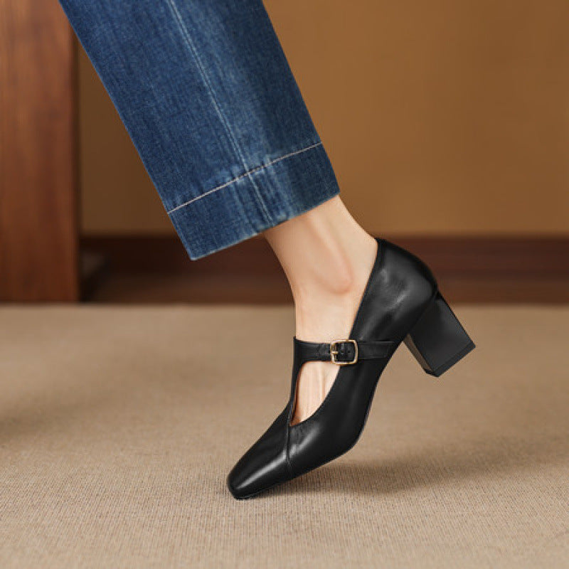Caelia Square-Toe Leather Mary-Jane Heels