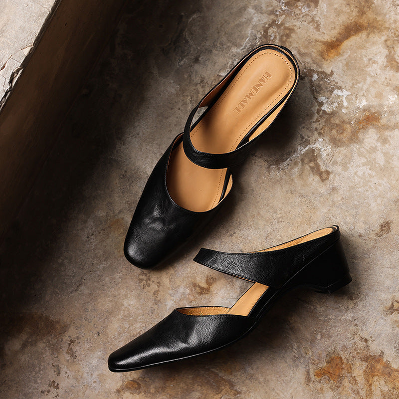 Amelie Square-Toe Leather Mules
