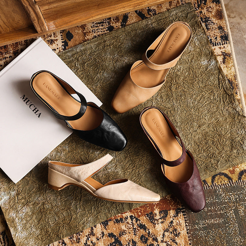 Amelie Square-Toe Leather Mules