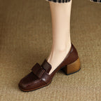 Velmora Bow Leather Loafer Pumps