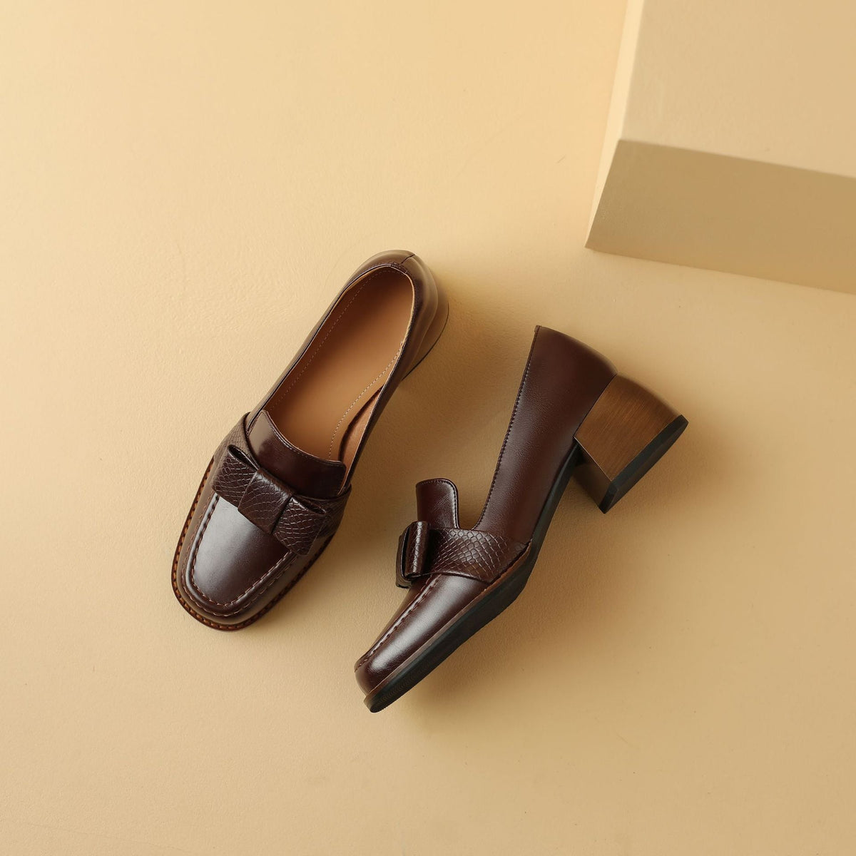 Velmora Bow Leather Loafer Pumps