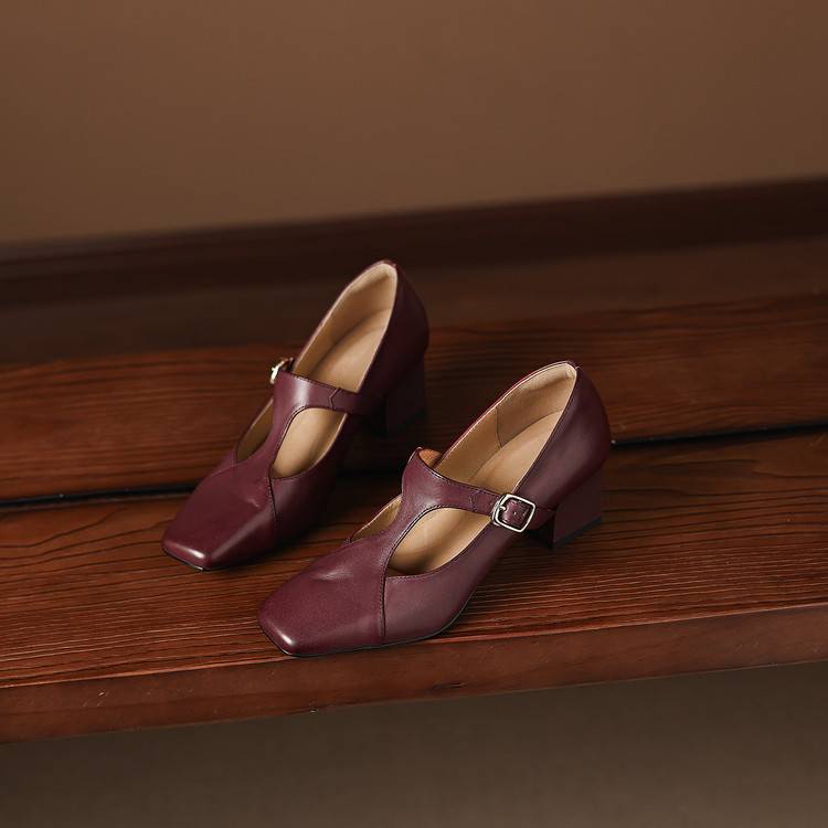 Caelia Square-Toe Leather Mary-Jane Heels