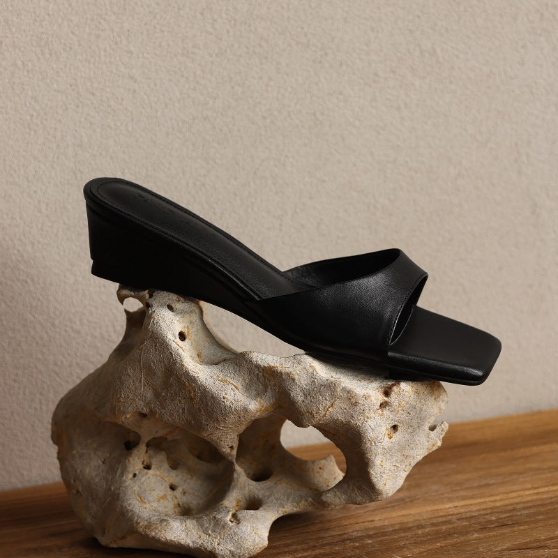 Mara Square-Toe Leather Wedge Mules