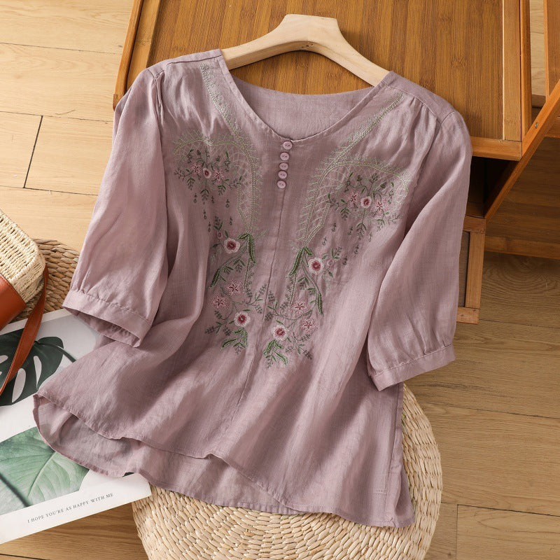 Embroidered Relaxed Blouse - Purple