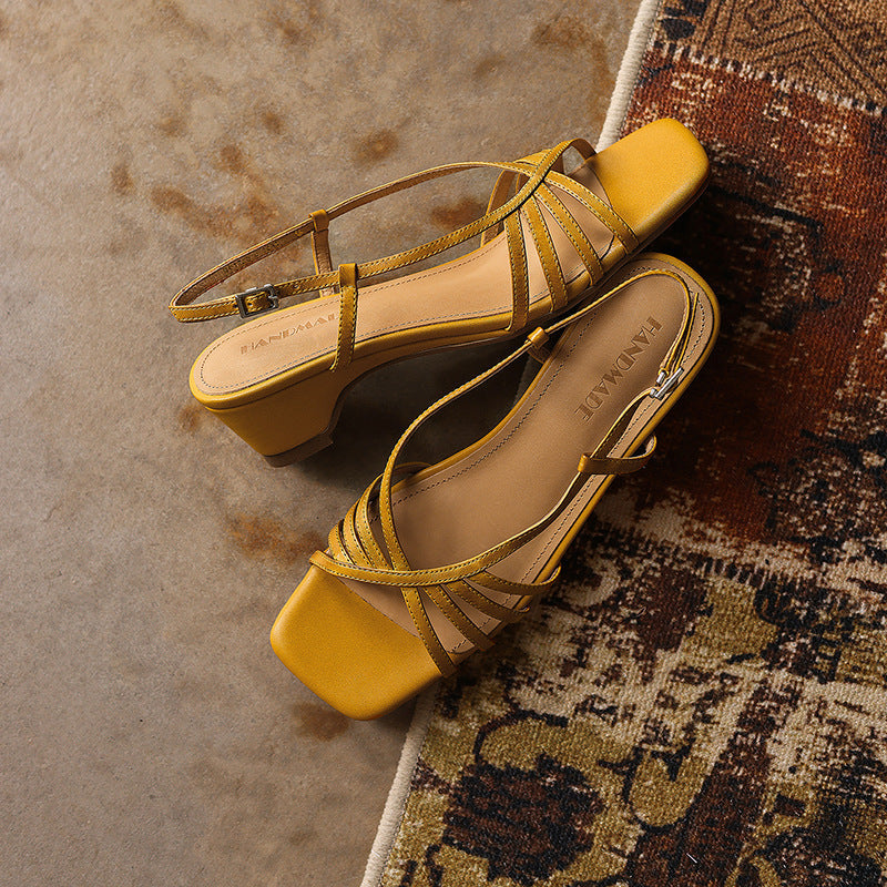 Seren Square-Toe Leather Sandal Heels