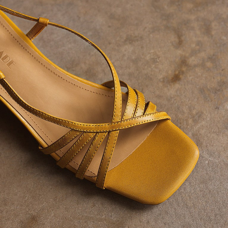 Seren Square-Toe Leather Sandal Heels