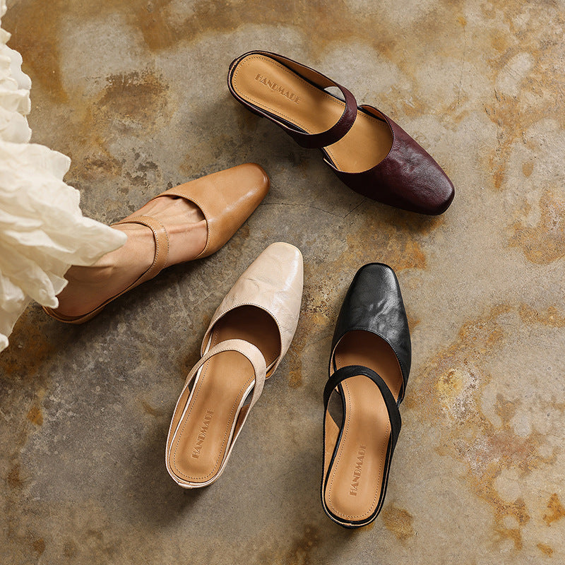 Amelie Square-Toe Leather Mules