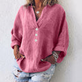 Women's Oversized Linen V-Neck Pullover Top Long Sleeve Casual Blouse