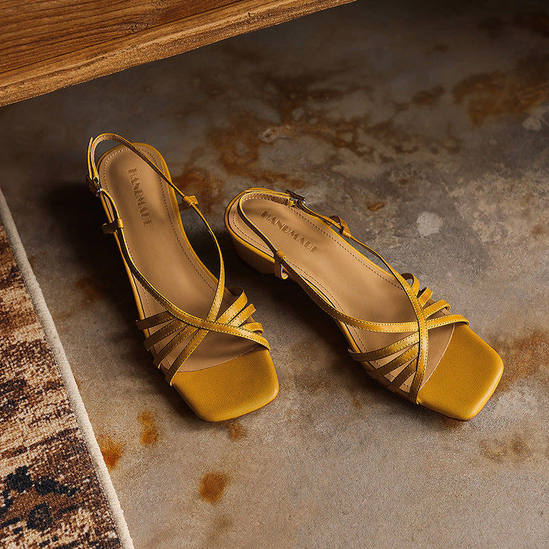 Seren Square-Toe Leather Sandal Heels