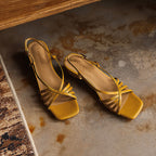 Seren Square-Toe Leather Sandal Heels
