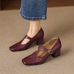 Caelia Square-Toe Leather Mary-Jane Heels