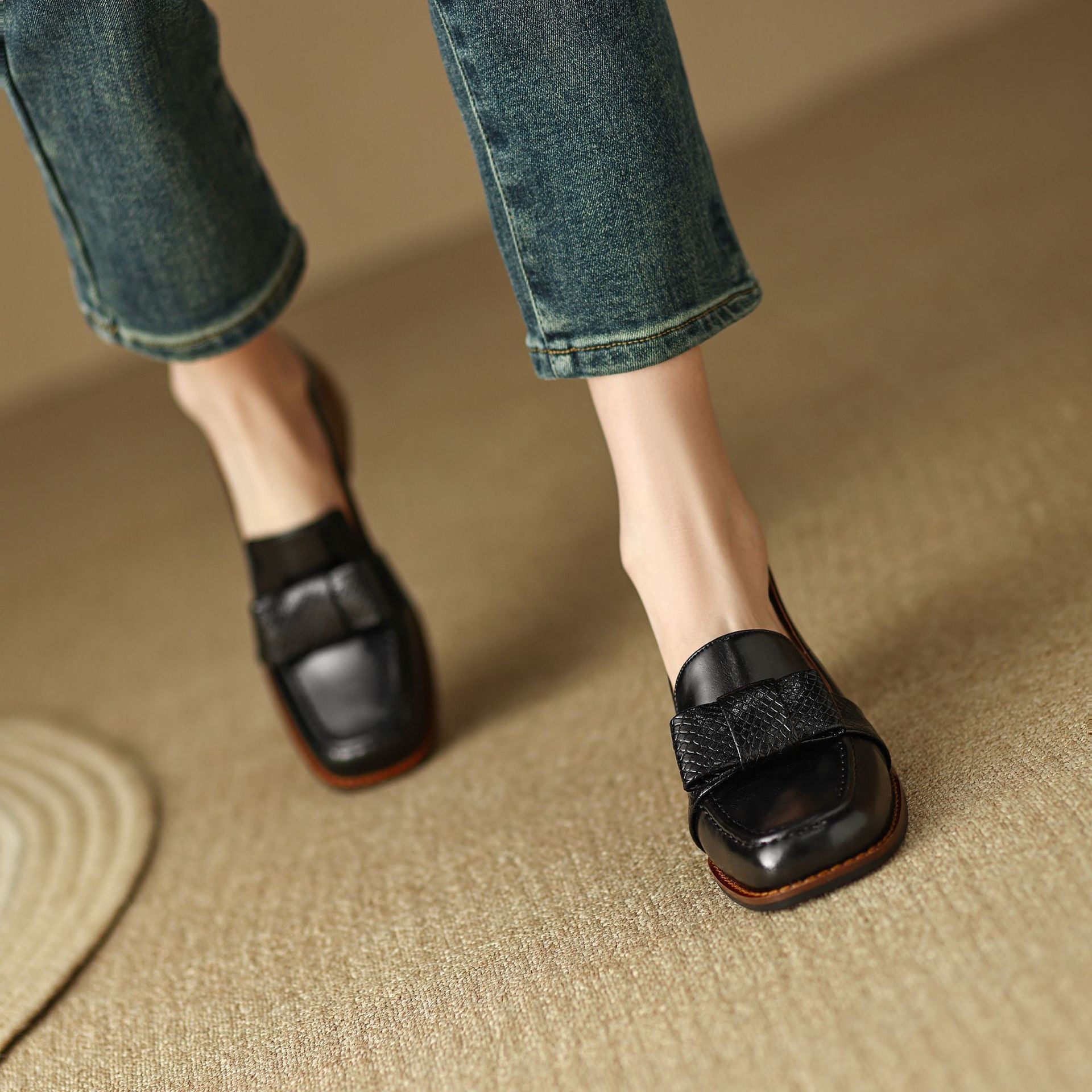 Velmora Bow Leather Loafer Pumps