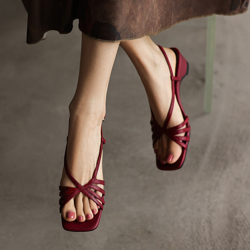 Seren Square-Toe Leather Sandal Heels