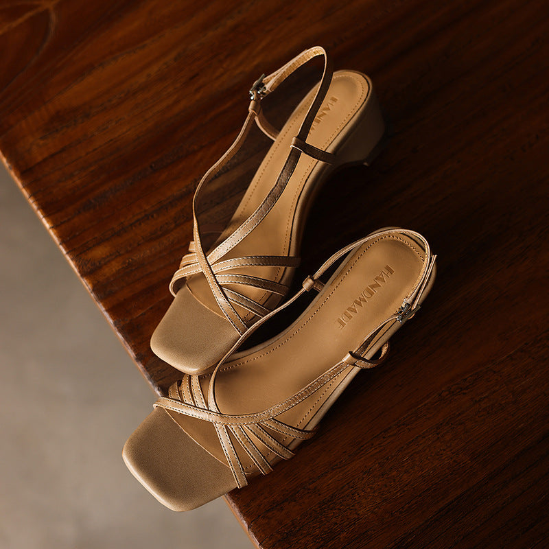 Seren Square-Toe Leather Sandal Heels