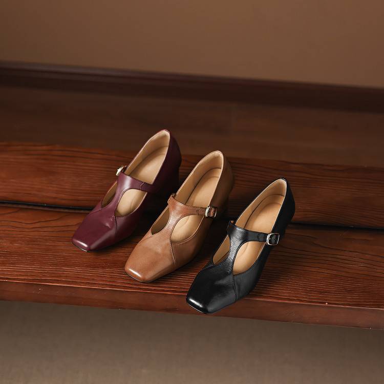 Caelia Square-Toe Leather Mary-Jane Heels