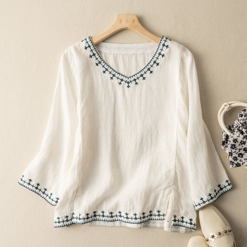 Embroidered V-Neck Blouse - White