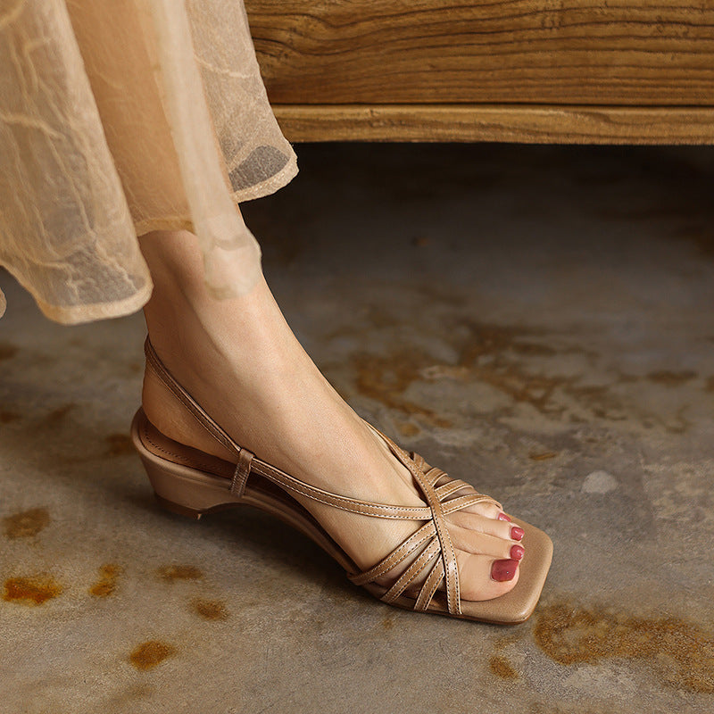 Seren Square-Toe Leather Sandal Heels